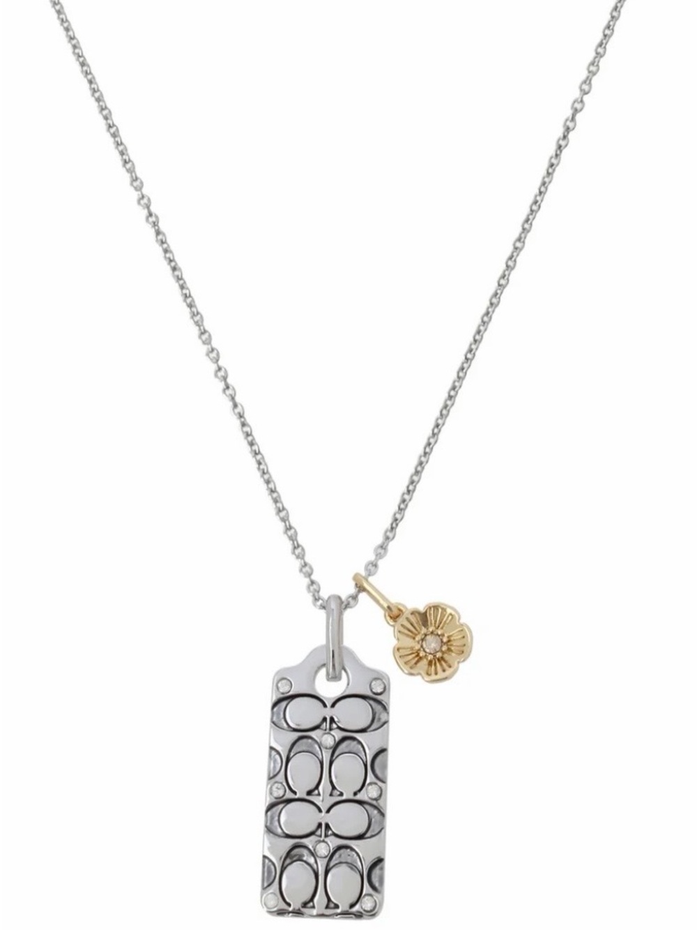 Coach Two-Tone Signature Tag Necklace with Gold Flower Charm